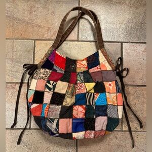 Lucky Brand Vintage Y2K Go Green Fabric Patchwork Squares Hobo Tote Bag Purse